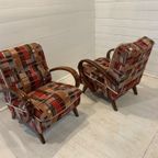 Set Jaren 30 Lounge Stoelen Van J.Halabala H-237 Rood/Bruin Gestoffeerd thumbnail 7