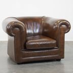 Grote, Correct Afgewerkte Vintage Donkere Gladde Rundleren Engelse Stijl Chesterfield Fauteuil thumbnail 9