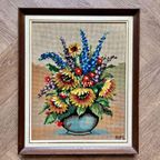 Borduurwerk, Bloemstuk Met O.a. Zonnebloem En Ridderspoor. thumbnail 2