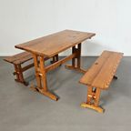 Scandinavian Modern Solid Pinewood Benches And Dining Table, 1970's thumbnail 2