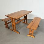 Scandinavian Modern Solid Pinewood Benches And Dining Table, 1970'S thumbnail 2