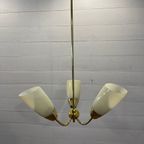 Vintage Hanglamp Artdeco 3 Armen Geel Glas En Messing thumbnail 5