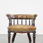 Antieke Engelse Rundleren Fauteuil/ Bureaustoel Gecombineerd Met Hout Op Originele Wieltjes Met E thumbnail 3