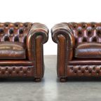 Mooie Set Van 2 Engelse Bruine Rundleren Chesterfield Fauteuils thumbnail 2