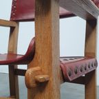 Brutalist Vintage Massief Eiken Stoel Arts & Crafts Leer thumbnail 7