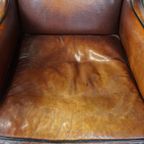 Prachtig Gekleurde, Stoere Vintage Schapenleren Fauteuil Met Een Hoge Rug En Afgewerkt Met Zwarte thumbnail 5