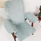 Vintage Fauteuil Teakhout Licht Blauwe Ribstof Nieuw thumbnail 2