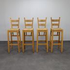 Set Of 4 Bar Stools In Solid Oak And Rattan, 1970s thumbnail 2