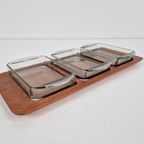 Vintage Digsmed Deense Teak Tray 3 Glazen Schaal Snack Set thumbnail 2