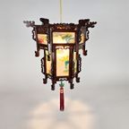 Chinese Lantaarn Chandelier - Rozen Hout - Gedecoreerd Glas - 2E Helft 20E Eeuw thumbnail 2
