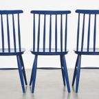 Set Van 3 Mooie Vintage Jaren ’60 Blauwe Houten Eetkamerstoelen/ Spijlen Stoelen thumbnail 5