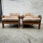 Vintage Fauteuil Of Loungestoel - Hout Met Licht Leer - 2X thumbnail 10