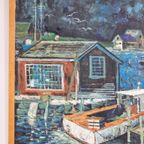 Vintage Schilderij Boot Havenzicht Op Doek ‘60 Mid Century thumbnail 8