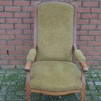 Antieke Eiken Armfauteuil Met Groene Stoffering thumbnail 3