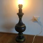 Zeldzame Vintage Houten Voet Tafellamp In Bruin, Goud En Groen thumbnail 5