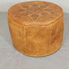 Vintage Leren Cognac Poef Ottoman, Rond thumbnail 4