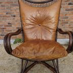 Vintage Rotan/Bamboe Lounge Chair Met Leren Kussens, Jaren 60, Togeschreven Aan Rohé Noordwolde thumbnail 2