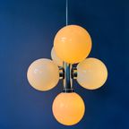 Jaren '70 Spoetnik Kroonluchter - Chroom Space Age Hanglamp - Opaline Glas Lichtpunt thumbnail 5