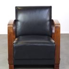 Unieke Cognac Kleurige Rundleren Artdeco Design Fauteuil Gecombineerd Met Hout thumbnail 3