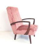 Vintage Teakhouten Fauteuil Roze Rib Nieuw Gestoffeerd thumbnail 2