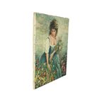 Vintage Schilderij Vrouw Bloemenpluk Acrylverf Op Doek Gesigneerd thumbnail 9