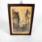 Gravure - België - 'Bruges La Rue Des Poitiers - Eiken Lijstje - Origineel - 19E Eeuw thumbnail 2