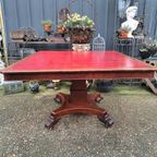Antieke Vergadertaf Eettafel, Kaarttafel Met Ingelegde Leer, thumbnail 2