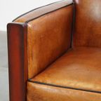 In Goede Staat Verkerende, Mooie, Cognac Kleurige, Schapenleren Art Deco Design Fauteuil thumbnail 10