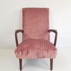 Vintage Teakhouten Fauteuil Roze Rib Nieuw Gestoffeerd thumbnail 8