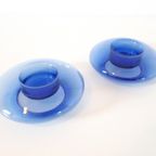 80's 2 Vintage Glazen Waxinehkuders Kobalt Blauwe Kandelaars thumbnail 2