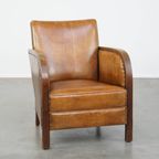 Unieke En Tijdloze Cognac-Kleurige Schapenleren En Houten Art Deco Design Fauteuil thumbnail 2