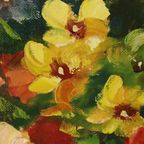Groot Kleurrijk Bloemen Stilleven Schilderij Gesigneerd 60x50cm thumbnail 3