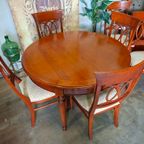 Klassieke Engelse Ronde / Ovale Uitschuifbare Eettafel Met 6st Eetkamerstoelen Kersenhout Afm. 120x120165/210 Cm En 79cm Hoog thumbnail 7