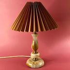 Prachtige Vintage Onyx En Messing Lamp Met Nieuw Bruin Plissé Kapje | Kerst thumbnail 2