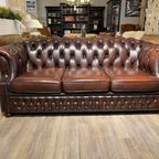 Engelse Chesterfield 3 Zits Bank Rood Bruin Gevlamd Leer High Back thumbnail 2