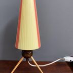 Table Lamp In Yellow And Red Ribbon, Wood Tripod Base 1950S. thumbnail 2