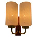 Vintage - Mcm - Wall Mounted Lamp / Sconce With Two Bulbs - Glass, Brass And Teak Wood thumbnail 7