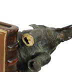 Vintage Koppel Boekensteunen Olifant Gepatineerd Brons Hout Leder thumbnail 14