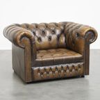 Mooie Vintage Engelse Rundleren Chesterfield Button Seat Fauteuil thumbnail 2