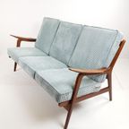 Vintage Teakhouten Bank 3 Zits Licht Blauw Ribstof Teak Hout thumbnail 2