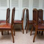 Set Van 6 Eiken Art Deco Eetkamerstoelen In Bruin Leer thumbnail 6