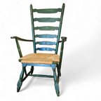 Vintage Transparent Green Wooden Arm Chair / Rush Seat / High Back Ladder Chair thumbnail 2