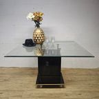 Grote Vintage Vierkante Glazen Tafel Zwart Marmeren Voet / Vintage Square Glass Table Marble Base thumbnail 16