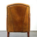 Luxe Rundleren Artdeco Design Armchair Met Houten Armleuningen En Cognac Kleur Leer thumbnail 5