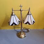 Oude Messing Bureau Lamp Met Glas In Lood. thumbnail 5