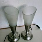 Set Van 2 Ikea Look Vintage Schemerlamp Nachtlampjes Chroom Met Gesatineerd Punt Glas thumbnail 3