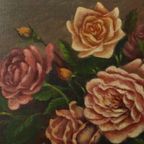 Groot Bloemen Stilleven Schilderij Rozen Boeket Gesigneerd R. Blanlin thumbnail 7