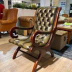 Engelse Chesterfield Fauteuil In Nieuwstaat Victorian Antiek Groen Leer thumbnail 4