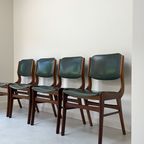 Vier Vintage Houten Eetkamerstoelen Met Groen Skai Leren Rug En Zitting thumbnail 12