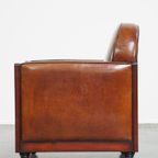 In Goede Staat Verkerende, Mooie, Cognac Kleurige, Schapenleren Art Deco Design Fauteuil thumbnail 6